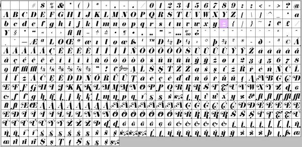 Complete character set for Eloquent Italic